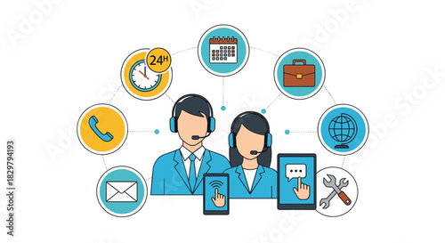 Customer relationship management and support center concept with male and female operators surrounded by various communication and business icons.