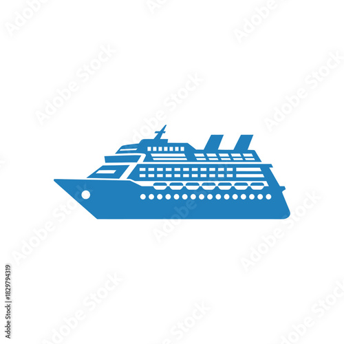 Cruise ship sails on the open ocean, leaving a white wake behind it, representing a luxurious and relaxing vacation at sea.