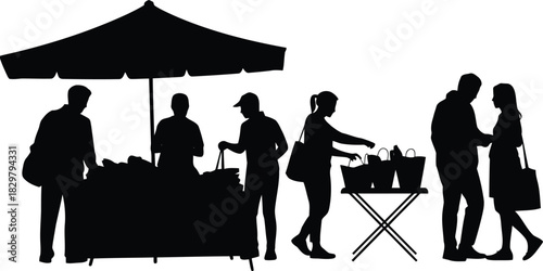 Silhouettes of various people including a vendor and customers interacting at an outdoor marketplace