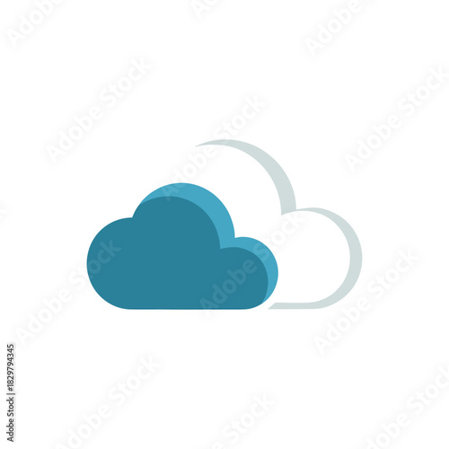 Blue cloud floats next to white cloud in a simple sky depicting cloud computing and data storage, representing technology and connectivity.