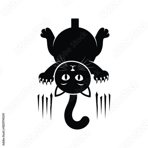 Playful black cat silhouette hanging upside down with claws extended leaving scratch marks