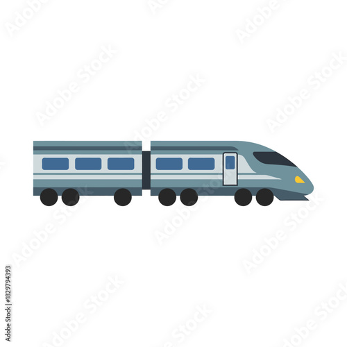 Modern highspeed train travels along the tracks through the countryside during the day, showcasing transportation and efficiency in a sleek, contemporary style.