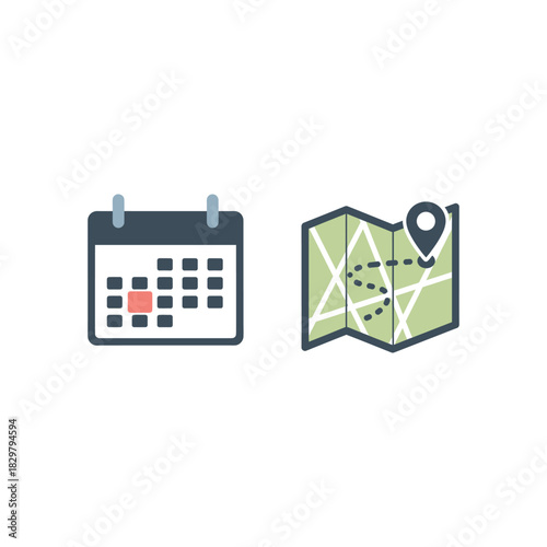 Calendar and map represent planning a trip for vacation, showing travel route and dates for a relaxing getaway.