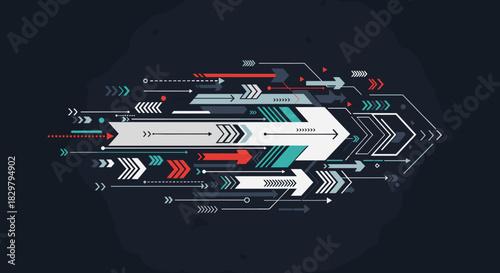 Abstract technology background with a dynamic composition of futuristic arrows moving forward, symbolizing speed and progress on dark backdrop.