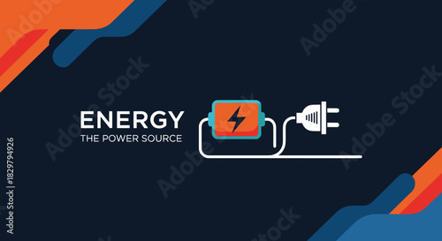 Energy and power source concept banner with a battery charging icon connected to a wall plug on a dark abstract background.