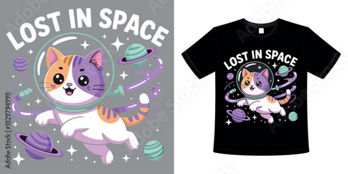 Adorable astronaut cat floating in space T-shirt design vector illustration