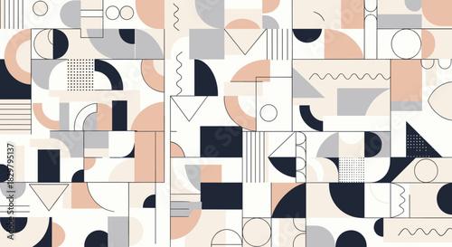 Abstract geometric background with a complex pattern of bauhaus-inspired shapes, lines, and textures in a muted color palette.