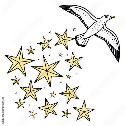 Seagull flying with a trail of stars