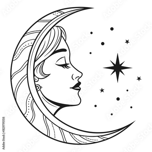 Elegant woman in crescent moon looking at star
