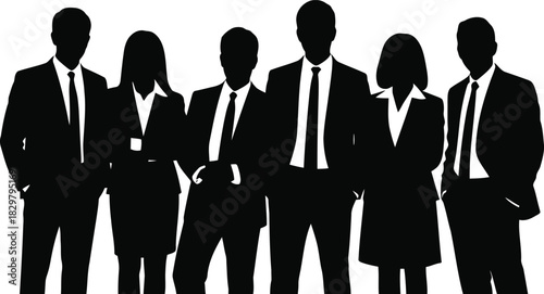 Six business professionals stand together in formal wear depicted as black silhouettes on white