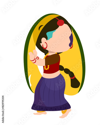 Cute stylized Indian girl in traditional dance costume — purple skirt, red blouse, braided hair, bangles and necklace — playful vector illustration capturing cultural celebration and movement.