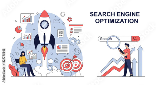 Search engine optimization and digital marketing concept showing a rocket launch for a startup and a marketer analyzing search results.