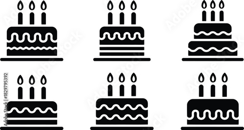 Six different charming birthday cakes featuring lit candles presented as black icons