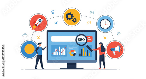 SEO - Search Engine Optimization concept with a team of marketers working around a computer showing search results and analytics.