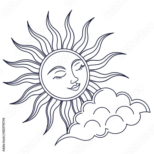 Smiling sun with closed eyes next to a cloud