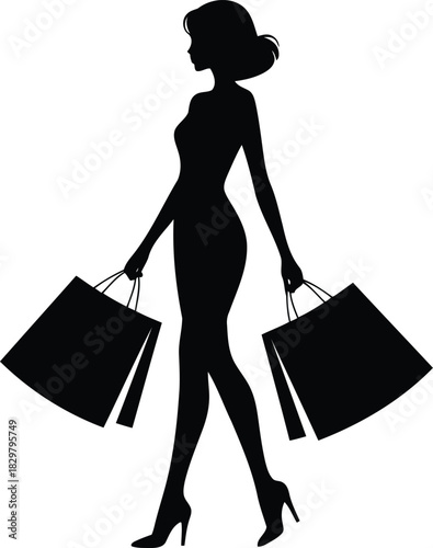 Stylish female figure in silhouette with shopping bags represents successful consumerism