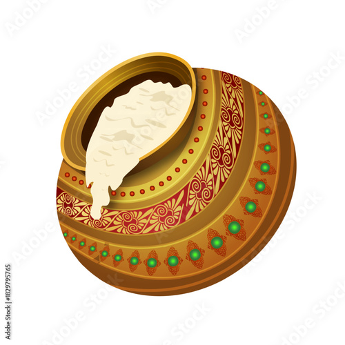 An ornate traditional pot with intricate gold and red patterns, overflowing with creamy white rice.