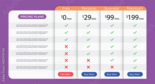 Pricing Plan. Table. UI. A modern purple vector pricing table template for a website, a mobile app, an e-commerce store, or a business presentation with free and premium options.
