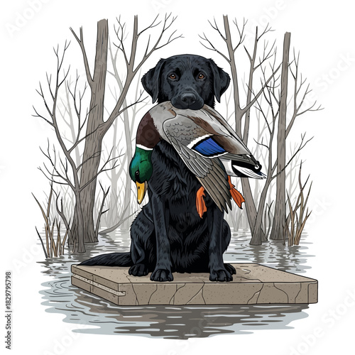 Black Labrador sitting on a duck blind platform holding a retrieved mallard duck in its mouth