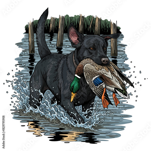 Black Labrador standing in flooded forest water with a retrieved mallard duck in its mouth