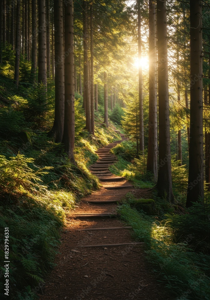Fototapeta premium A winding path climbs through a dense, sun-drenched mountain pine forest, offering a tranquil nature escape experience ,serenity ,nature ,mountain