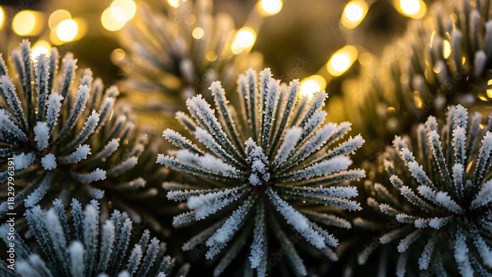 Fototapeta premium Frosted Pine Branches with Warm Holiday Lights Creating a Cozy Winter Ambiance