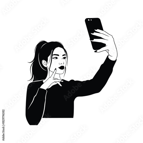 Stylish young woman with ponytail taking a selfie with her smartphone in a minimalist black and white illustration