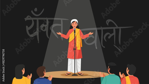 A compelling flat design illustration of an Indian poet passionately performing on stage at a literature festival. This minimalist 2D vector graphic captures the artistic expression and power of spoke