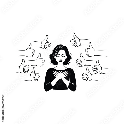 Woman with eyes closed and hands on chest surrounded by many thumbs up gestures of approval and praise