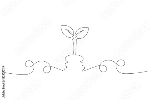 Continuous line drawing of plant growing on soil minimalist illustration