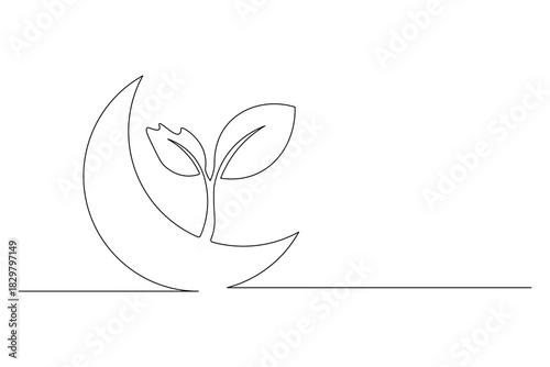 One line drawing of sprout growing on moon minimalist simplicity concept