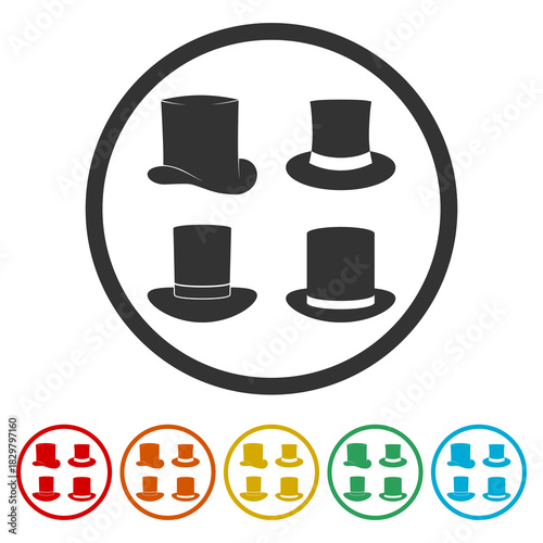 Top hat icons set. Set icons in color circle buttons
