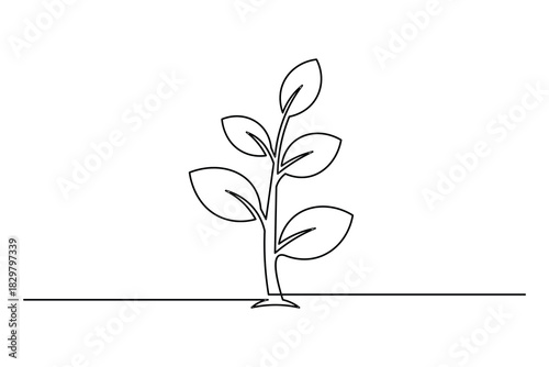 Continuous single line drawing of growing plant on fertile soil environment