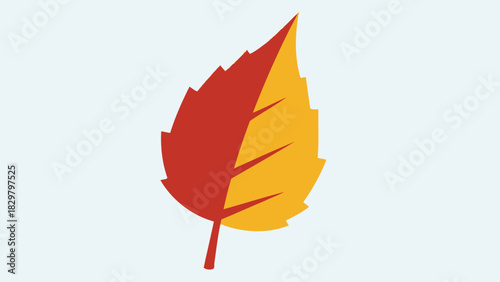 Stylized leaf with half red and half yellow coloring on a light blue background.