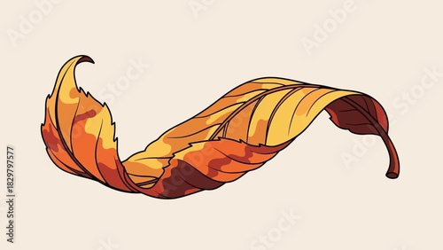 A single, detailed illustration of a fallen autumn leaf with vibrant orange and yellow hues, showcasing its intricate veins and curved shape.