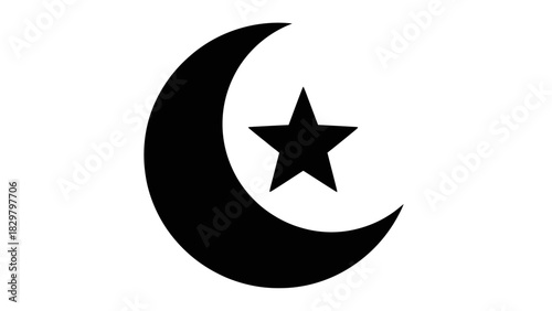 Black crescent moon and star symbol on a white background, representing Islam.
