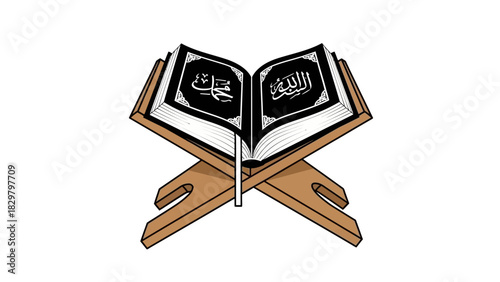An open Quran, the holy book of Islam, resting on a traditional wooden rehal stand.