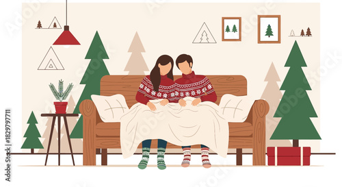 Cozy winter scene of a couple wrapped in a blanket on a sofa, adorned with seasonal decorations