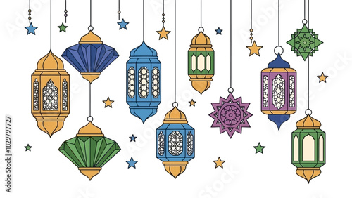 Colorful hanging lanterns and stars, a festive illustration for celebrations and decorations.