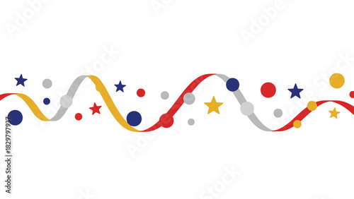 Festive decoration with ribbons, stars, and dots in red, yellow, blue, and silver on a white background.