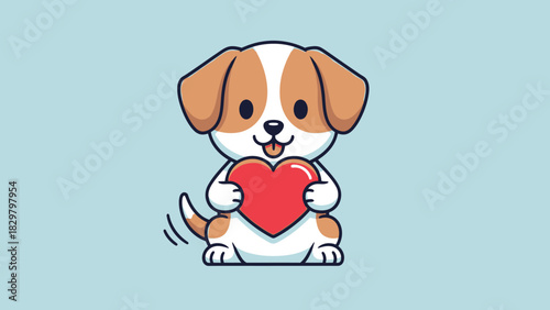 A cute cartoon puppy with brown and white fur holding a red heart on a light blue background.