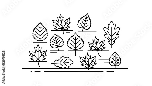 A collection of various tree leaves, such as maple and oak, depicted in a minimalist black and white line art style.