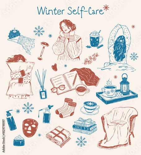Hand-drawn “Winter Self-Care” vector set: cozy scenes with a woman in sweater and pajamas, tea, blanket, books, planner, socks, incense, and skincare. Perfect for posters, social media, home decor