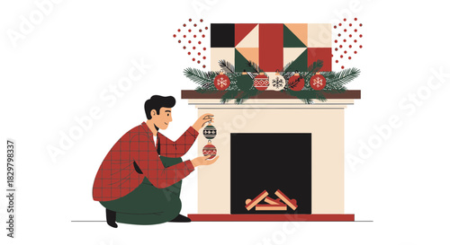 Decorating the fireplace: a cozy holiday scene of a man preparing for christmas indoors