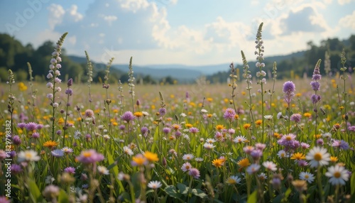 Fototapeta Naklejka Na Ścianę i Meble -  Stunning wildflower meadow with vibrant blossoms under a sunny summer sky