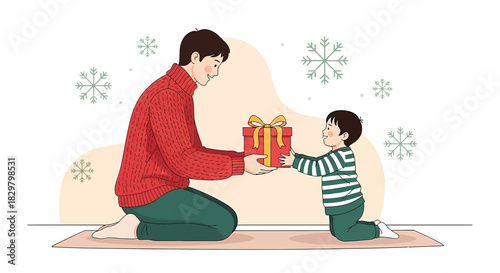 Delivering festive cheer: Father offers a holiday gift to his delighted son in a heartwarming