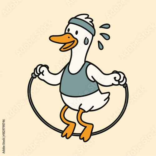 sporty duck cartoon exercises using a jump rope