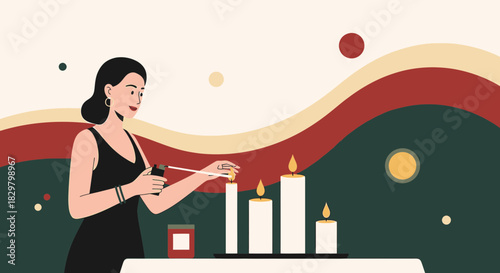 Elegant woman lighting candles in a serene setting with artistic background design