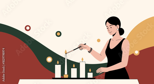 Elegant woman lighting candles in an abstract setting creating a warm ambiance with minimalist