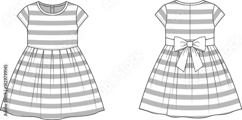 Striped short sleeve girls dress mockup with front and back views featuring large bow detail and flat fashion template